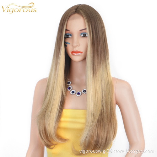 Hot Sale High Quality Vendor Middle Part Mix Ombre Blonde Three Tone Color Long Straight Synthetic Lace Wig Heat Resistant